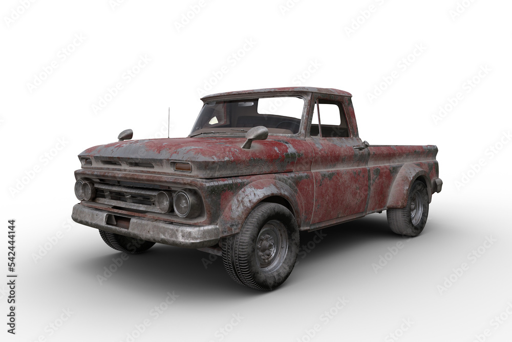 Poster 3d rendering ofl an old rusty vintage red pickup truck isolated on transparent background.