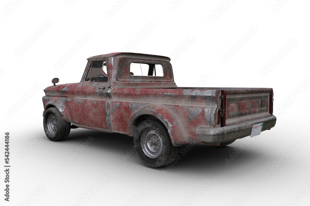 Poster rear corner view 3d rendering ofl a rusty old vintage red pickup truck isolated on transparent backg