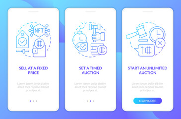 Ways of selling NFTs blue gradient onboarding mobile app screen. Business walkthrough 3 steps graphic instructions with linear concepts. UI, UX, GUI template. Myriad Pro-Bold, Regular fonts used