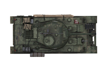 Top view 3D rendering of a military tank isolated on transparent background.