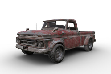 3D rendering ofl an old rusty vintage red pickup truck isolated on transparent background.