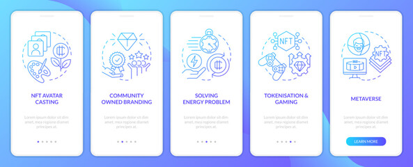 Important NFT trends blue gradient onboarding mobile app screen. Marketing walkthrough 5 steps graphic instructions with linear concepts. UI, UX, GUI template. Myriad Pro-Bold, Regular fonts used