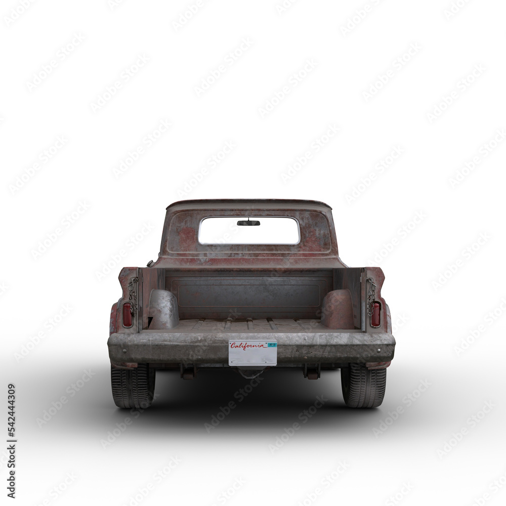 Poster rear view 3d rendering ofl an old rusty vintage red pickup truck isolated on transparent background.
