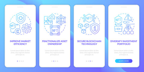 NFT benefits blue gradient onboarding mobile app screen. Digital artworks walkthrough 4 steps graphic instructions with linear concepts. UI, UX, GUI template. Myriad Pro-Bold, Regular fonts used