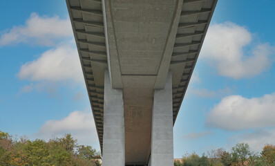 Nuselsky bridge, Nusle, Prague, Czech republic. Bridge structure and abutments. The architectural design of the Nusle Bridge in Prague. The view from under the bridge. 
