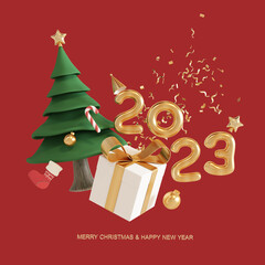 Gift boxes and Christmas trees Floating paper with new year numbers 2023, 3D Render