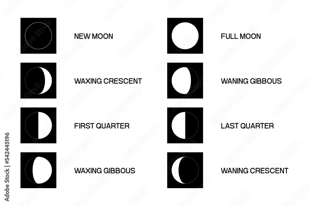 Sticker moon phases scheme sphere shadow cycle astronomy icon set. vector illustration background