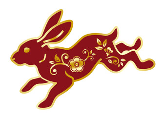 Jumping floral rabbit 01 - 2023 Year of the rabbit clip art, Red fill and Golden outline