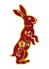 Standing floral rabbit - 2023 Year of the rabbit clip art, Red fill and Golden outline