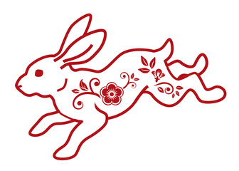 Jumping floral rabbit 01 - 2023 Year of the rabbit clip art, Red outline