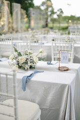 Fairy-tale with blue and white accent flowers theme. Clean white table setting for wedding ceremony or reception. Family intimacy dinner outdoors with starlight.