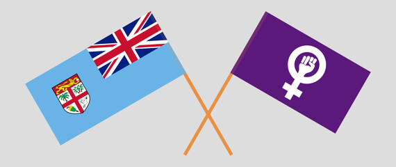 Crossed flags of Fiji and Feminism. Official colors. Correct proportion