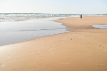 Human walks alone on the sand along the ocean under the blue sky