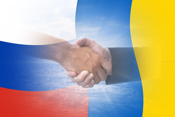 Russia Ukraine flag overlay with hand shake for friendship allied end of war peace concept