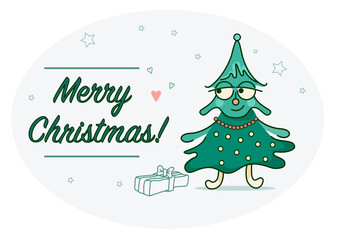 Christmas card with a cute female Christmas tree wish Merry Christmas