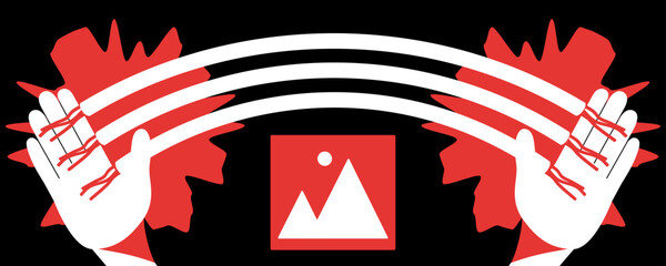 Broken electrical cables with sparks between palms. Modern wireless technology. Image icon with mountains and sun. Curved wires as a sign of wi-fi
