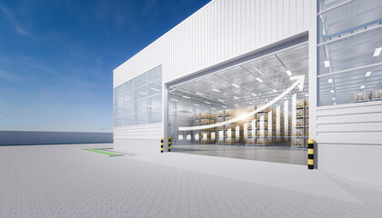 3d rendering of warehouse or distribution center with increase concept. Storage and shipping system...