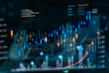 Digital marketing virtual dashboard analyzing finance data stock market chart and economic growth graph block chain technology business investment.