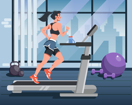 Vector illustration in a flat style with a young woman running on a treadmill in a fitness room. Sports training and preparation for sports competitions. Healthy lifestyle
