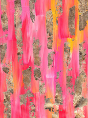 Abstract pink acrylic texture background with gold foil and paint. Paint on canvas.