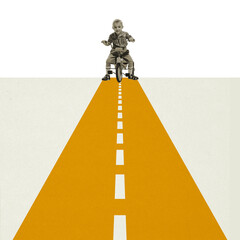Contemporary art collage. Little retro boy on a bike playing, having fun isolated over beige minimal background. Concept of funny children, sport, creativity, design, ad, childhood. Copy space