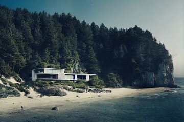 modern house on the cliff, beach, beautiful forest