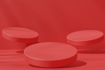 Three round flying podiums on a red background, 3d render