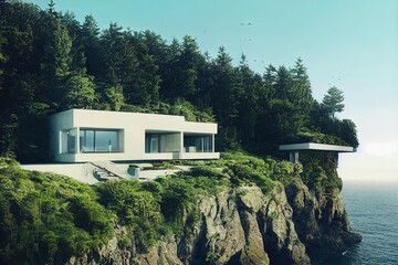 modern house on the cliff, beach, beautiful forest