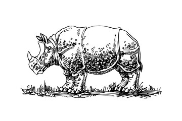Armored rhinoceros. Vector illustration with black ink lines isolated on a white background in a hand drawn style. © Николай Шитов