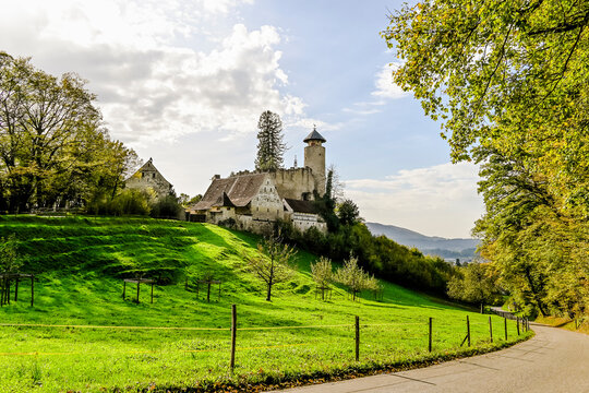 Arlesheim, Schloss Birseck, Ermitage, Dornach, Birseck, Landwirtschaft, Wald, Obstb&auml;ume, Spazierweg, Wanderweg, Bergstrasse, Baselland, Herbst, Herbstfarben, Herbstsonne, Schweiz