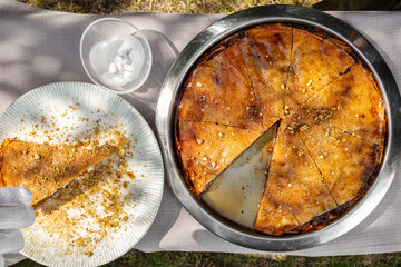 Baklava with nuts and ice cream