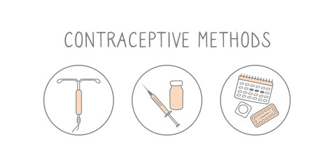 Contraceptive methods icon set. Prevent pregnancy linear simple illustration. Contraception signs. Vector