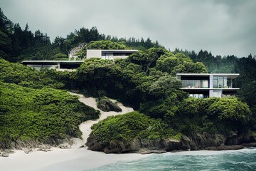 modern house on the cliff, beach, beautiful forest