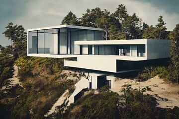 Obraz na płótnie Canvas modern house on the cliff, beach, beautiful forest