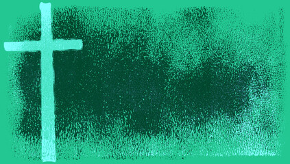 green silkscreen cross on darker brayer texture background with copy space