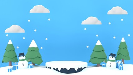 3D Winter sale product banner, podium platform with geometric shapes, pine tree and snowman