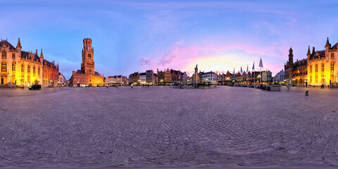 360 spherical panorama of Brugge Grote Markt square with famous tourist attraction Belfry and statue of Jan Breydel and Pieter de Coninck and Provincial Court illuminated at night. Bruges, Belgium