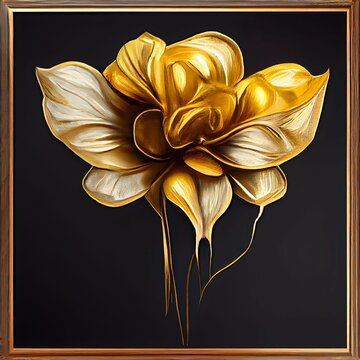 Naklejka Digital illustration of a metallic golden flower painting on a black background with a wooden frame