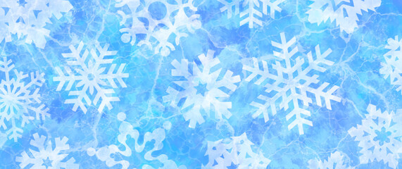 Winter blue watercolor Christmas vector background with white snowflakes. Hand drawn painted texture. Frozen glass. Art illustration for cards, flyer, poster, banner and cover design. Merry Christmas!
