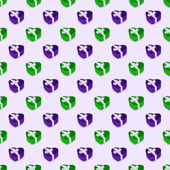 Lots of green and purple heart shaped gift boxes 3d render on light purple background. Pattern on colored background. Holidays and love concept. Valentine's day design idea.
