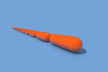 Medical pills 3d render on a blue background. Pills are like train cars. The concept of quick medical care.