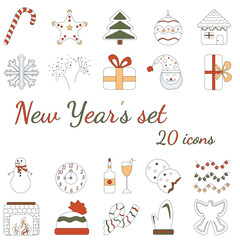 New Year icons 20 pieces. Linear set in vector