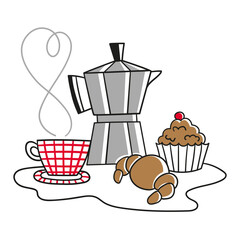 Illustration of  a cup of coffee, a cupcake and a croissant
