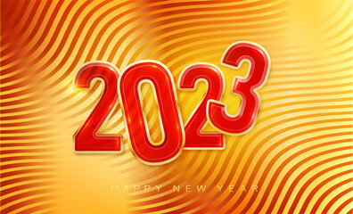 2023 Happy New Year red vector illustration of red numbers 2023 and sparkling golden glitters pattern. Realistic 3d flat sign. Happy New poster or banner design