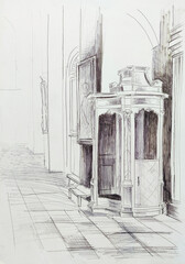 Pencil drawing. Confession box, cabin or booth. Church interior. Sketch. Hand drawn. Monochrome. 
