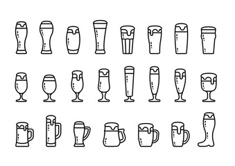 Icon set beer with foam in beer mugs and glasses isolated PNG