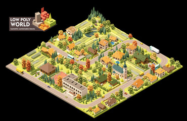 Vector isometric world map creation set. Combinable map elements. Small town or village map. Buildings, trees, ponds, forest and fields