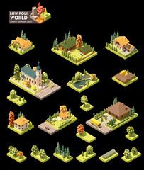 Vector isometric world map creation set. Combinable map elements. Small town or village buildings and houses, school building, basketball court, trees, roadside restaurant - 542450735