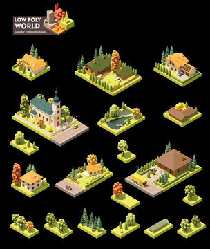 Vector isometric world map creation set. Combinable map elements. Small town or village buildings and houses, school building, basketball court, trees, roadside restaurant