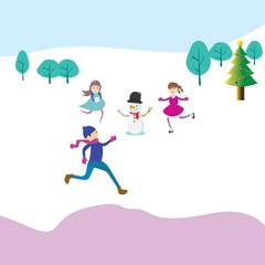 kids playing outdoors in winter.  Play snow fun.  Vector  illustration, holiday.